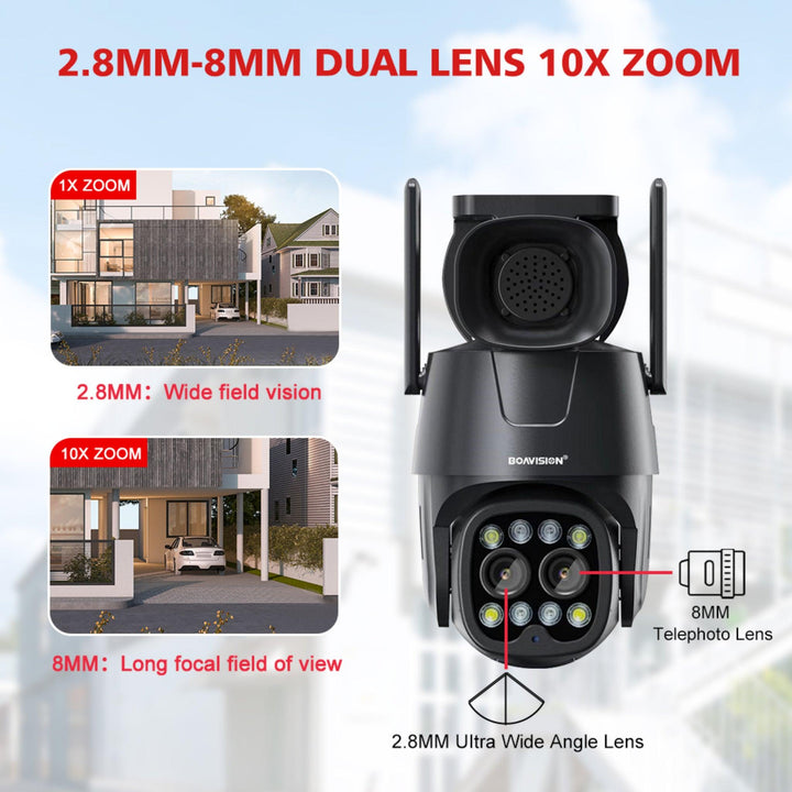 Wireless / 4G Sim Card Outdoor Security Camera With Dual Lens 2.8mm-8mm, AI Human Tracking and Color Night Vision - My Fortress Online
