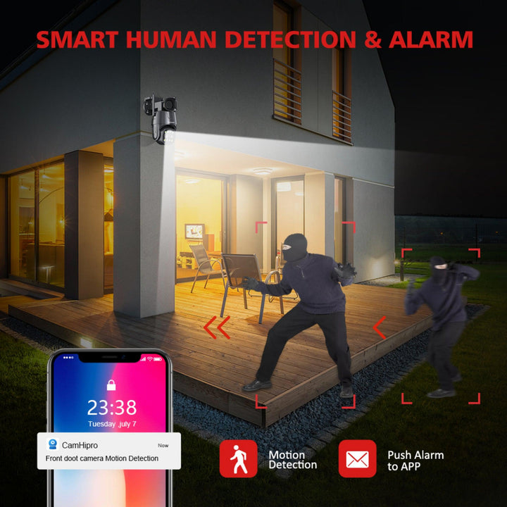 Wireless / 4G Sim Card Outdoor Security Camera With Dual Lens 2.8mm-8mm, AI Human Tracking and Color Night Vision - My Fortress Online